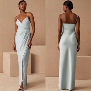 NWT BHLDN Anthropologie Freya Satin Charmeuse Wrap Maxi Dress Light Blue
